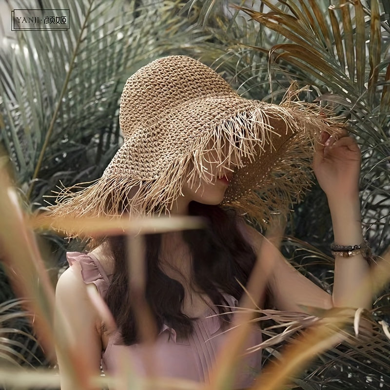 Vintage Raw Brim Sun Hat Solid Crochet Tassel Straw Hat Boho Outdoor Sun Shade