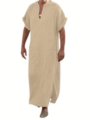 Vintage Islamic Arabic Kaftan For Men Short Sleeve Hooded V Neck Muslim Clothes