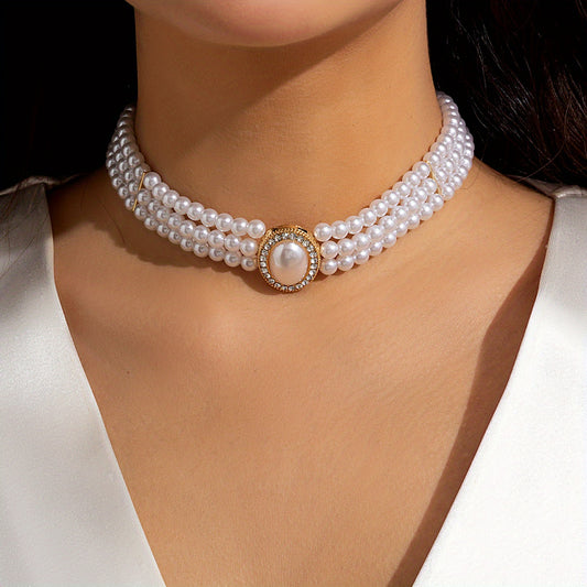 Beaded Faux Gemstone Pearl Choker Necklace Women's Party Jewelry