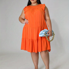  Solid Ruffle Sleeve Round Neck Smock Dress