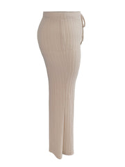  Solid Ribbed Drawstring Elastic High Rise Pants