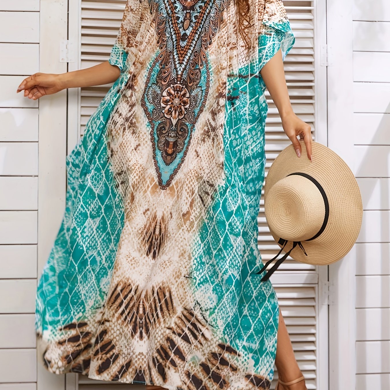  Tile Print Bat Sleeve V Neck Cover Up Dress