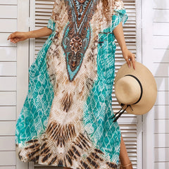  Tile Print Bat Sleeve V Neck Cover Up Dress