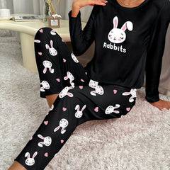 Rabbit Print Pajama Set Short Sleeve Crew Neck Top & Pants