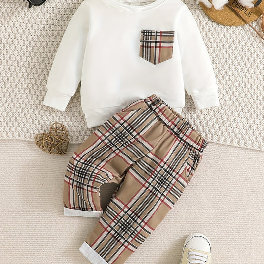 Baby Boys Long Sleeve Sweatshirt & Plaid Pants Set