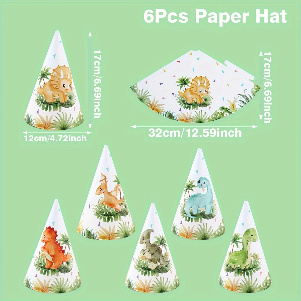 6pcs Dinosaur & Jungle Themed Paper Hats for Parties & Showers