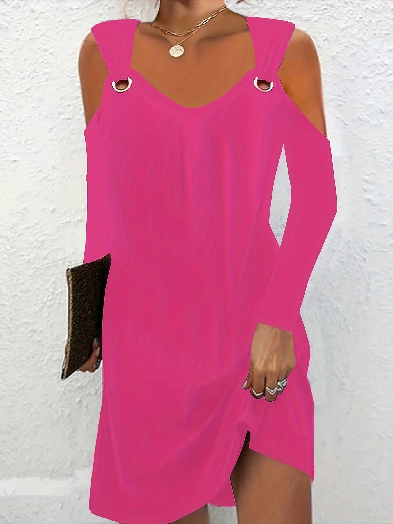  Casual Dress Women's Plus Solid Cold Shoulder Long Sleeve Mini Dress