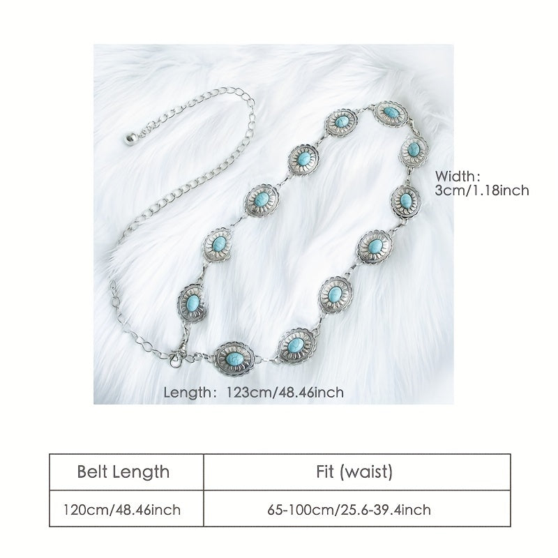 Turquoise Inlay Oval Chain Belt Silvery Geometric Flower Boho Waist Chain