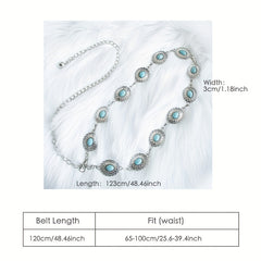 Turquoise Inlay Oval Chain Belt Silvery Geometric Flower Boho Waist Chain