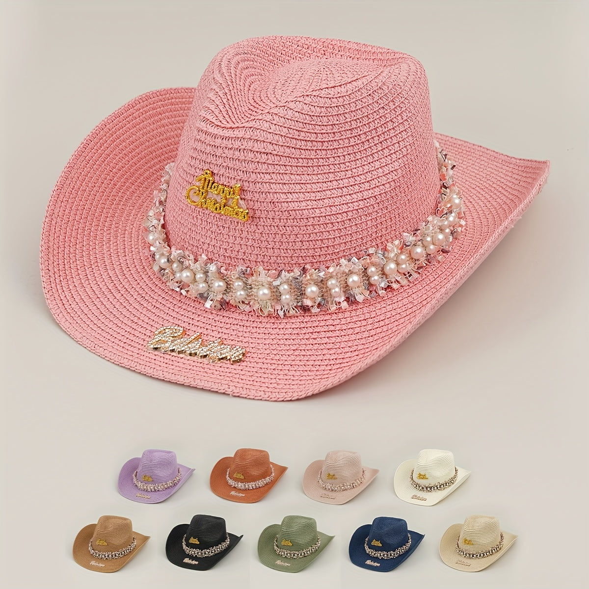 Rhinestone Bride Cowboy Hat Faux Pearl Lace Hatband Decor Straw Jazz Hat