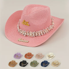 Rhinestone Bride Cowboy Hat Faux Pearl Lace Hatband Decor Straw Jazz Hat