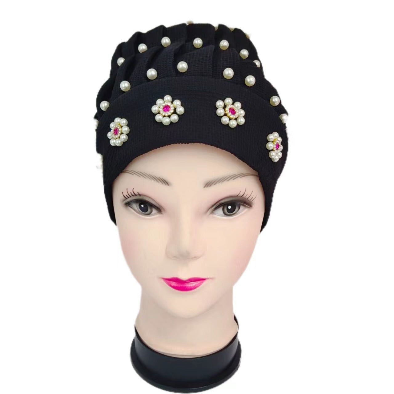 Faux Pearl Beanie Beaded Pumpkin Hat Soft Crochet Knit Beanie Hat