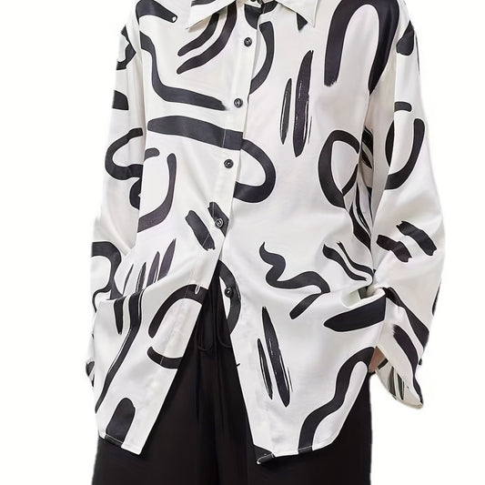  Graffiti Print Button Up Blouse Long Sleeve