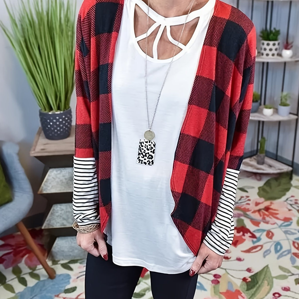  Striped & Plaid Print Long Sleeve Open Front Cardigan