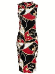  Colorblock Chain Print Mock Neck Slim Fit Dress