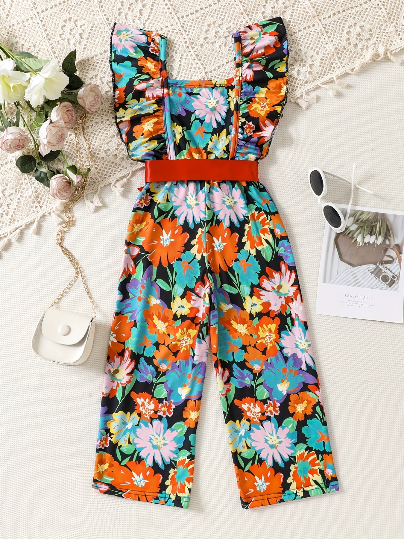 Girls Floral Print Ruffle Sleeve Rompers