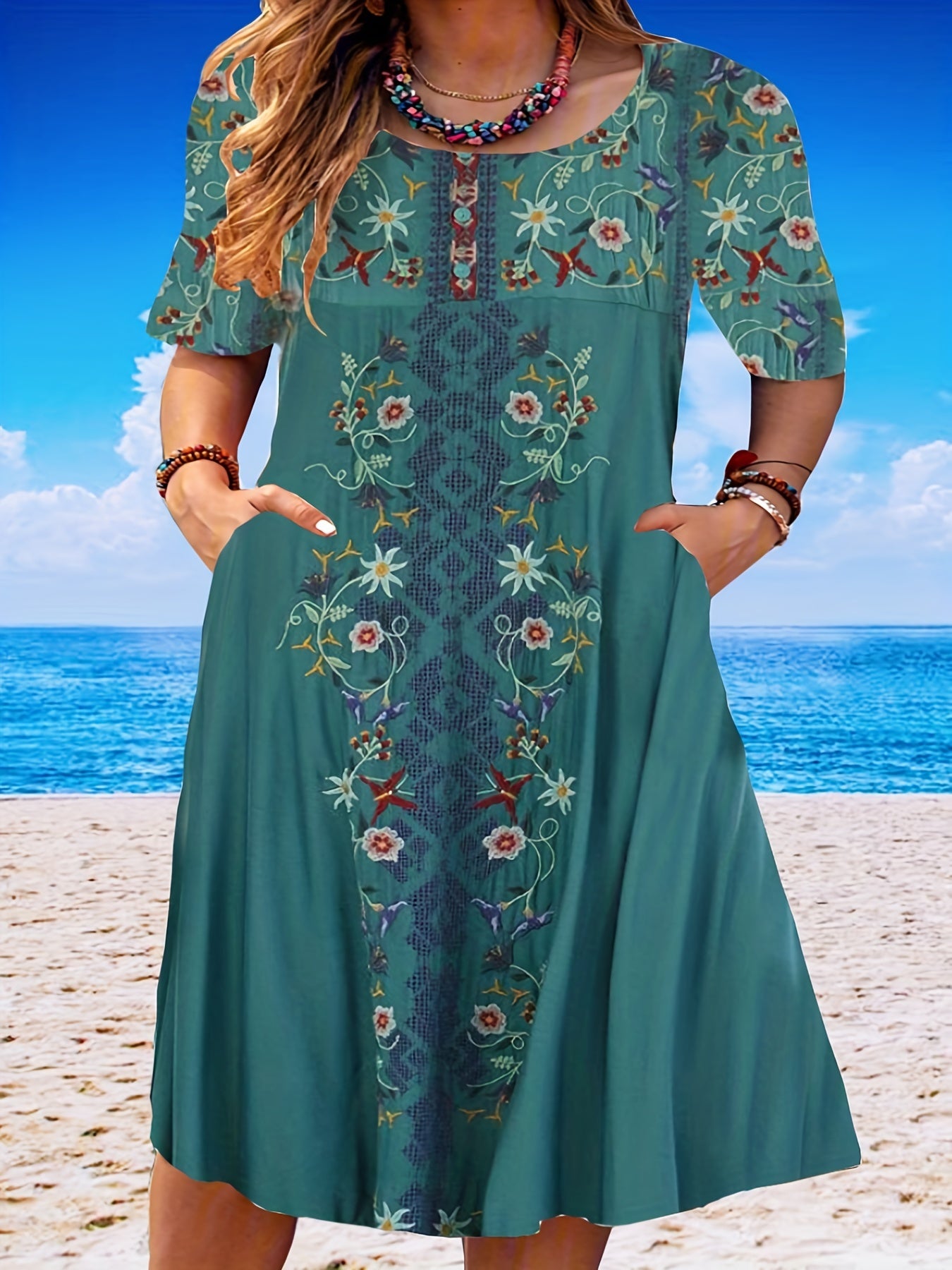  Floral Print Short Sleeve Casual Dress With Pockets