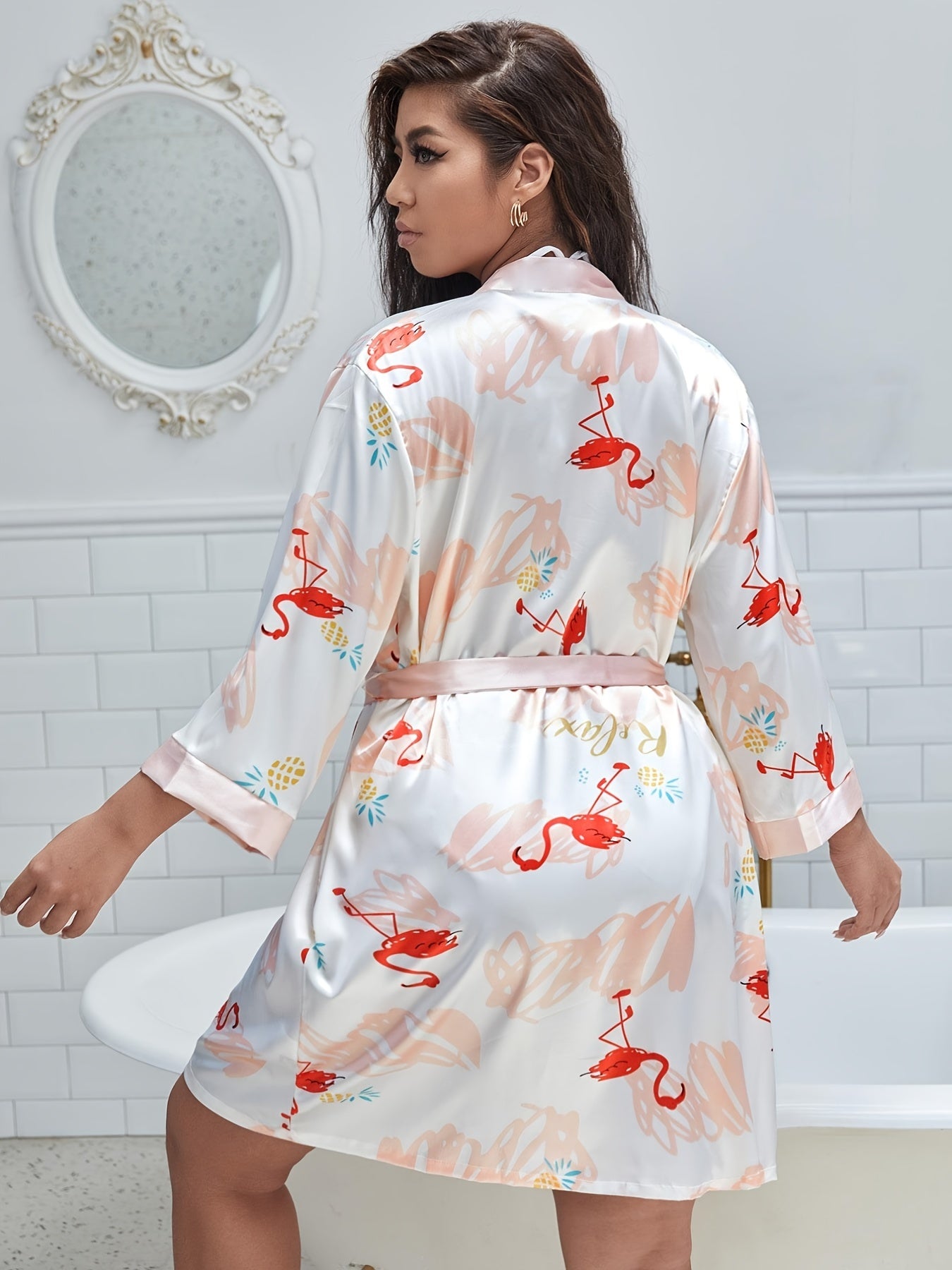 Flamingo Print Satin Nightgown Plus Size Women's Sleepwear Robe