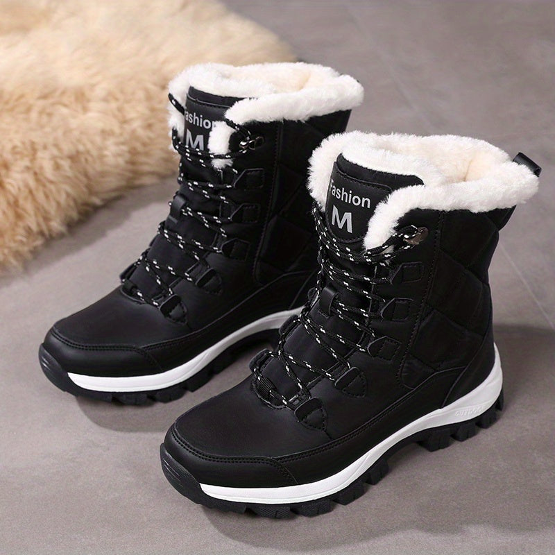 Women's Winter Snow Boots, Lace Up, Non-slip, Mid Calf Plush Inner Warm Boots