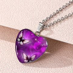 Butterfly Pattern Drop Necklace With Heart Shape Glass Pendant Neck Chain