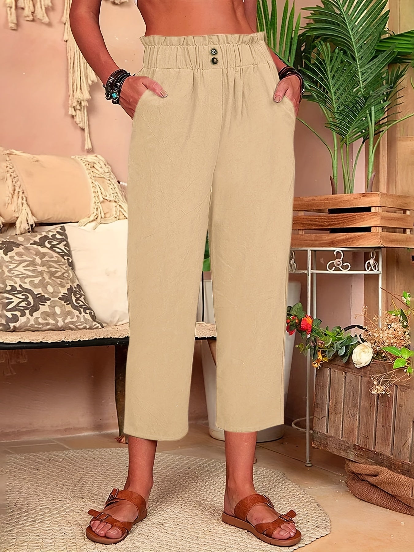 Elastic Waist Button Decor Pants for Women