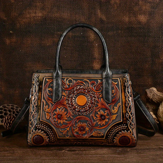 Vintage Floral Embossed Tote Bag Large Capacity Handbag & Crossbody Purse