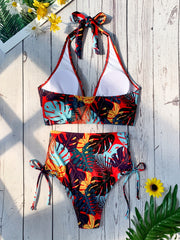 Leaf Print Halter Neck Bikini Set V Neck High Cut Tie Side Cut Out Swimsuit