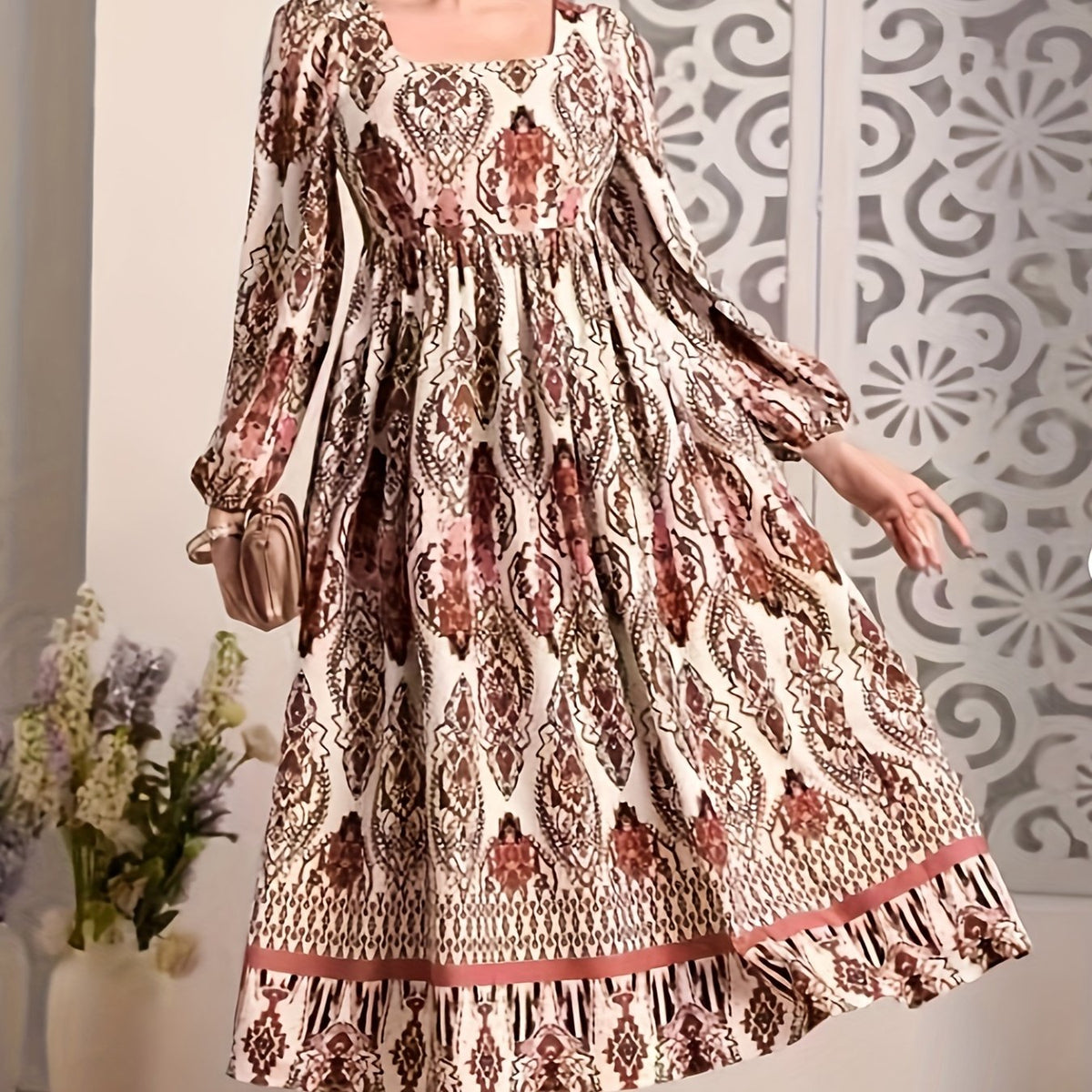 Women's Tribal Print Lantern Sleeve Dress