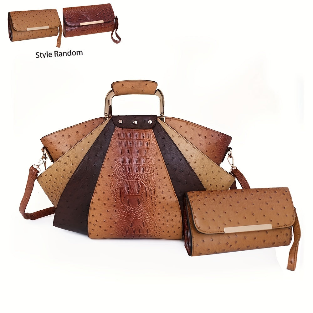 Crocodile Pattern Handbag Set Women's Stylish Shoulder Bag & Clutch Bag