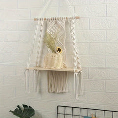Boho Macrame Wall Shelf Wooden Hanging Storage Rack with Rope