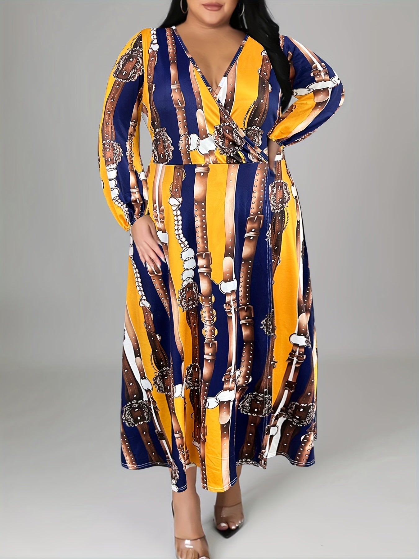  Long Sleeve Graphic Print Maxi Dress