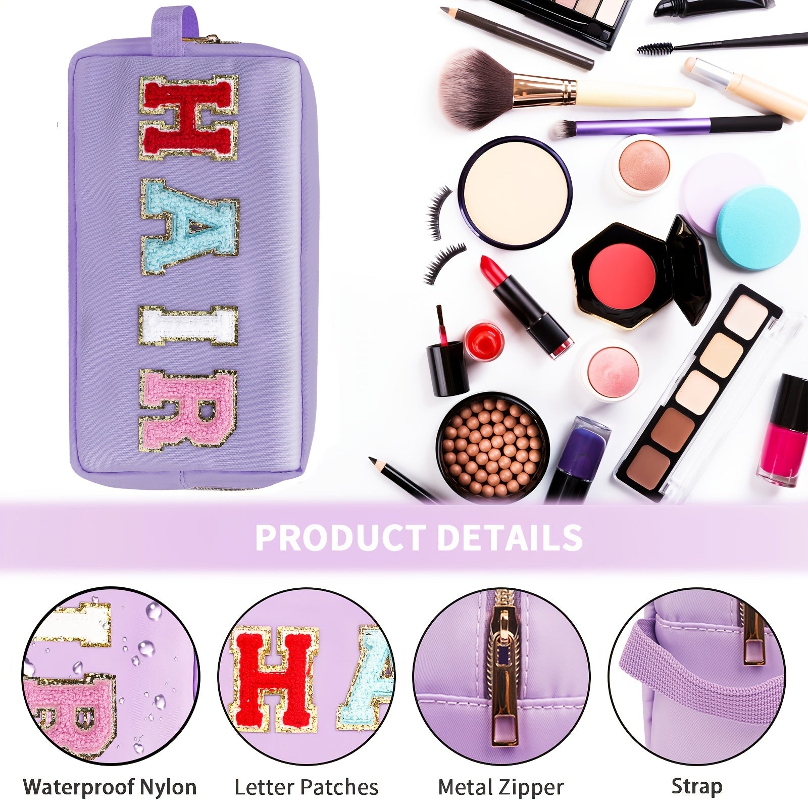 Preppy Makeup Bag Nylon Waterproof Toiletry Bag With Strap