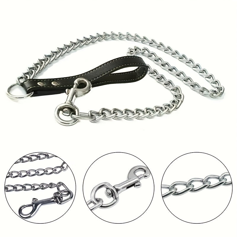 Metal Chain Dog Lead with Leather Handle - Training Leash for Indoor Outdoor