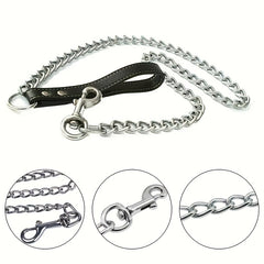 Metal Chain Dog Lead with Leather Handle - Training Leash for Indoor Outdoor