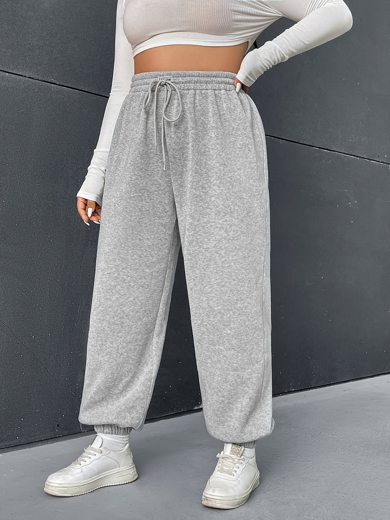  Casual Pants Women's Plus Solid Elastic Drawstring High Rise