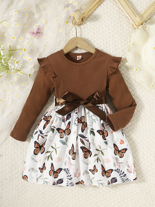 Girls Butterfly Print Ribbed Long Sleeve Dress