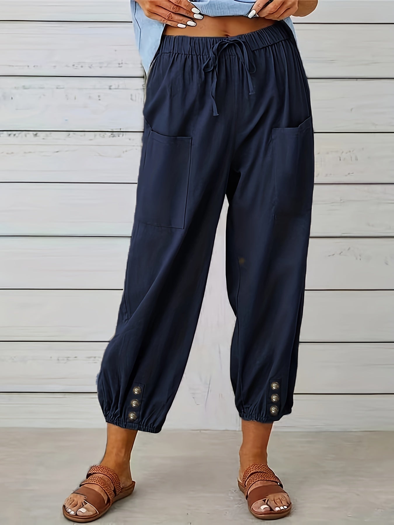 Women's Plus Solid Drawstring Elastic Button Decor Pants