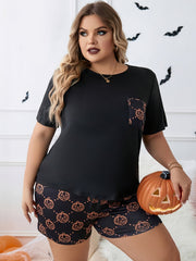  Pumpkin Print Gothic Pajamas Set - 2 Piece Home Wear Set