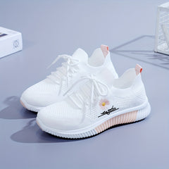 Women's Daisy Pattern Lace up Mesh Sneakers Soft Sole Athletic Shoes