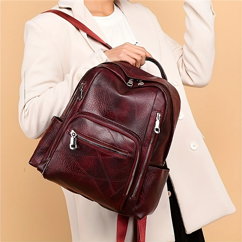 Embossed Backpack Zipper Large Capacity Knapsack Soft Faux Leather