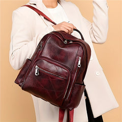 Embossed Backpack Zipper Large Capacity Knapsack Soft Faux Leather