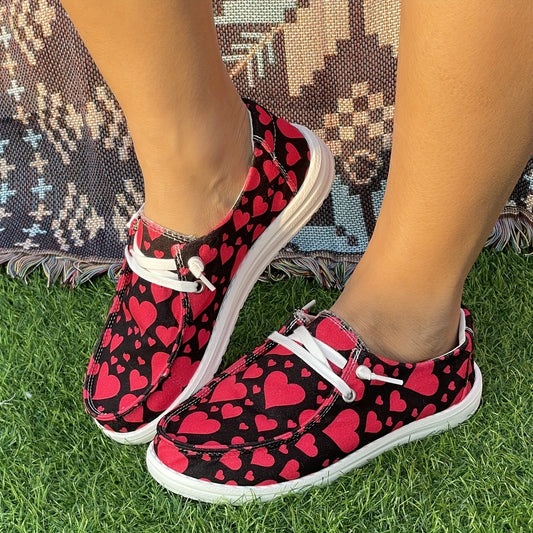 Red Heart Pattern Skateboard Shoes for Women, Lightweight Running Shoes