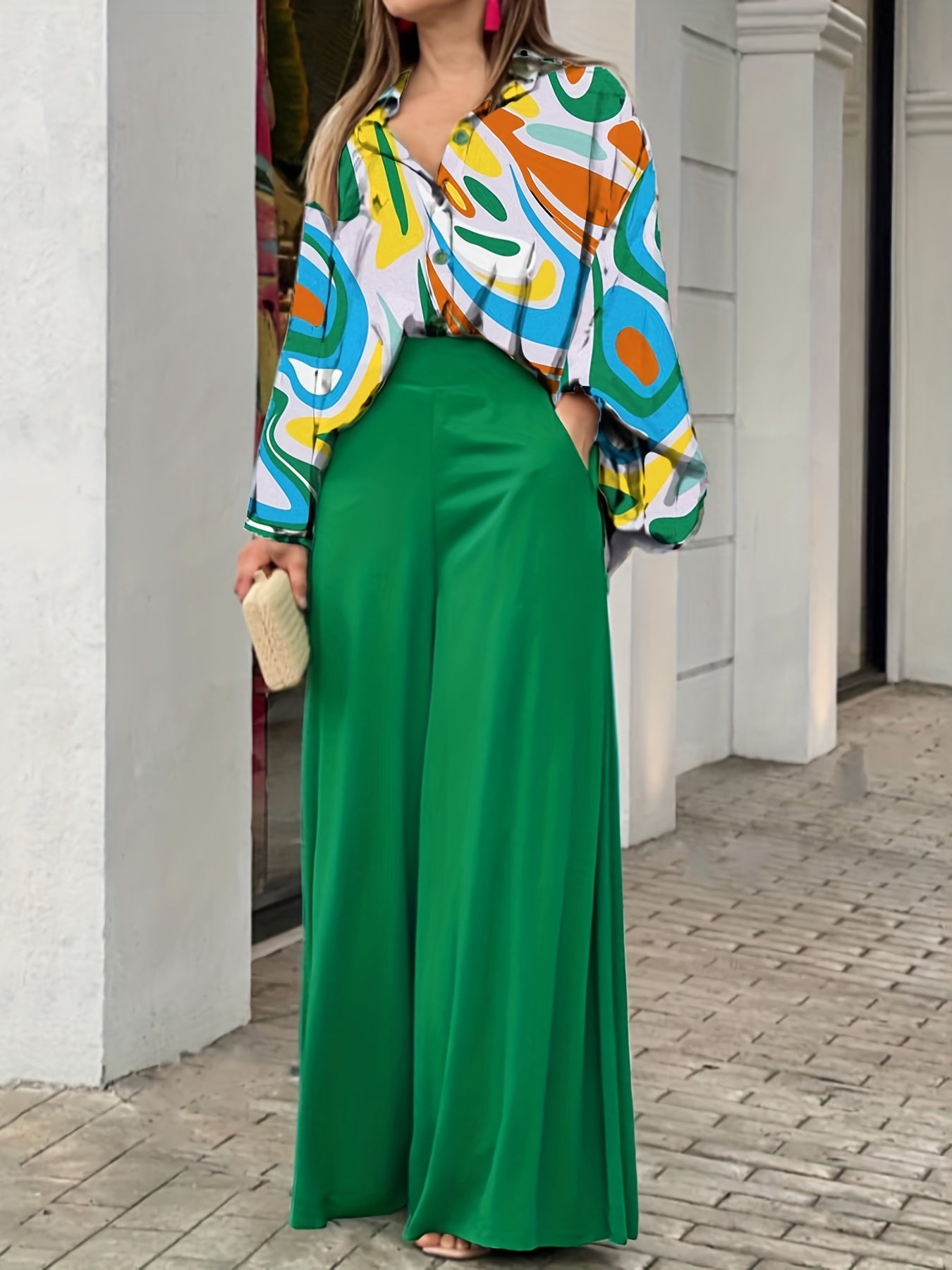 Tie Dye Batwing Sleeve Blouse & High Waist Pantsuits