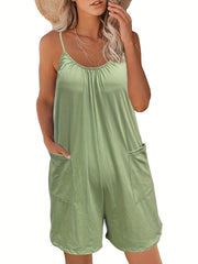  Casual Cami Romper Solid Round Neck Medium Stretch