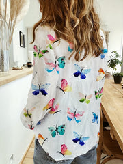  Butterfly Print Button Up Long Sleeve Blouse