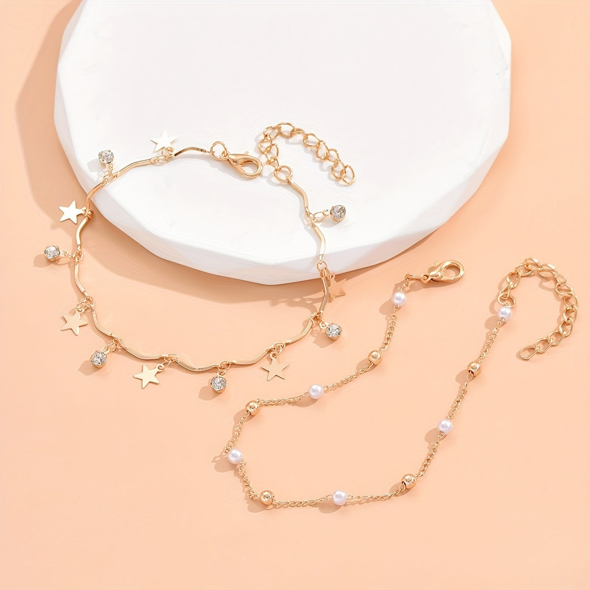 2Pcs Star Tassel Anklet Set Rhinestone Inlaid Chain Bracelet