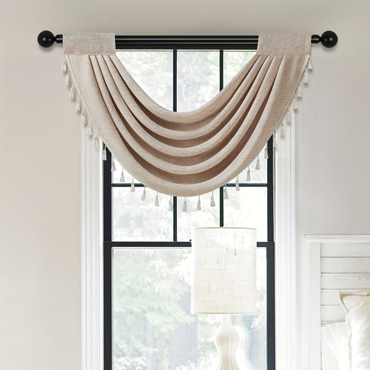 European Style Linen Valance with Fringe Beaded Edge - Rod Pocket Curtain