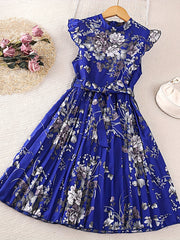 Girls Floral Graphic Pleated Dress For Party Beach Vacation
