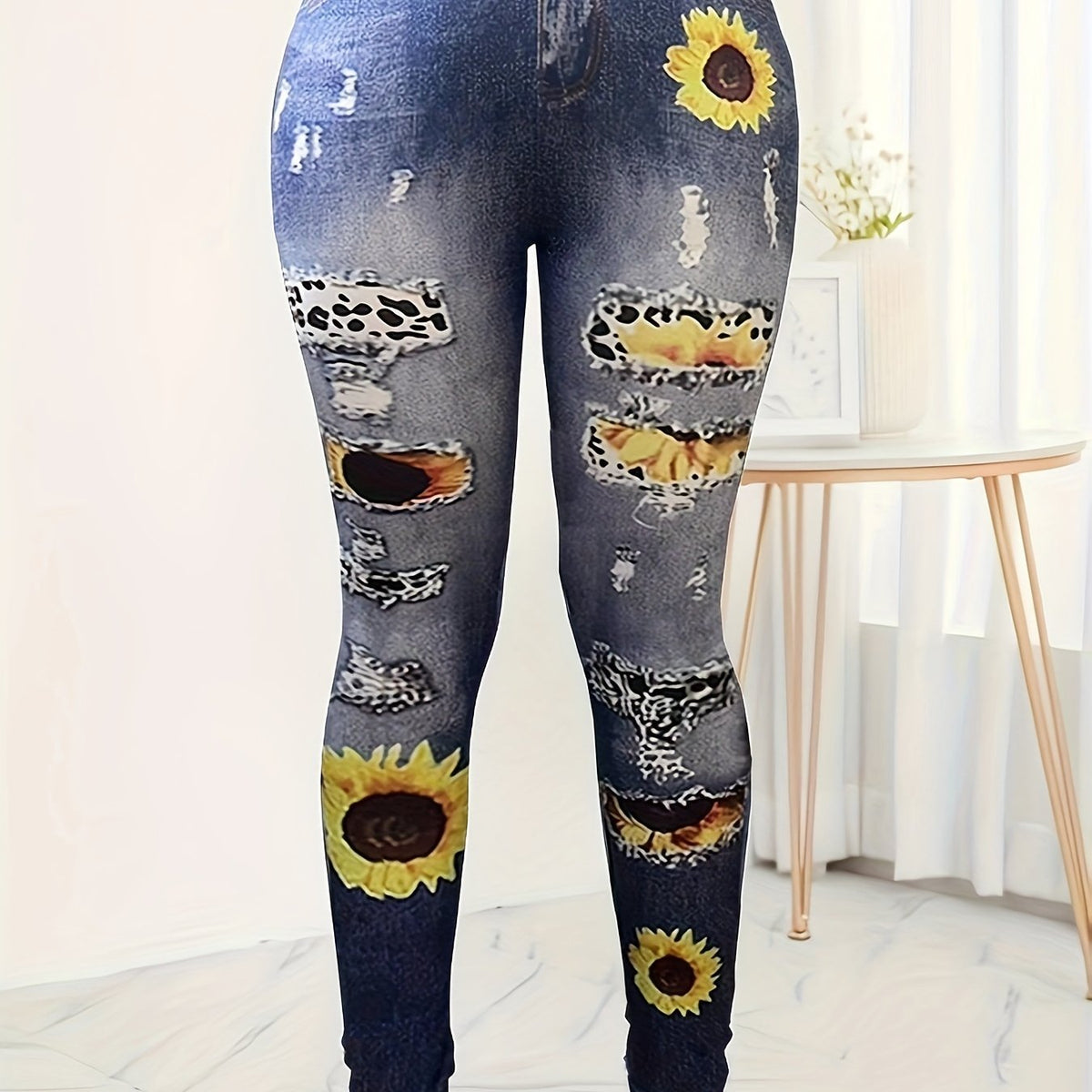  Denim & Sunflower Print High Waisted Leggings