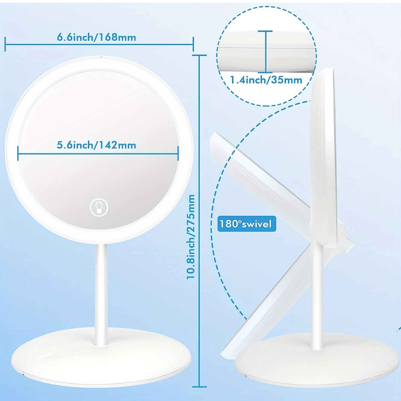 Portable LED Makeup Mirror Touch Control USB Rechargeable Brightness Adjustable